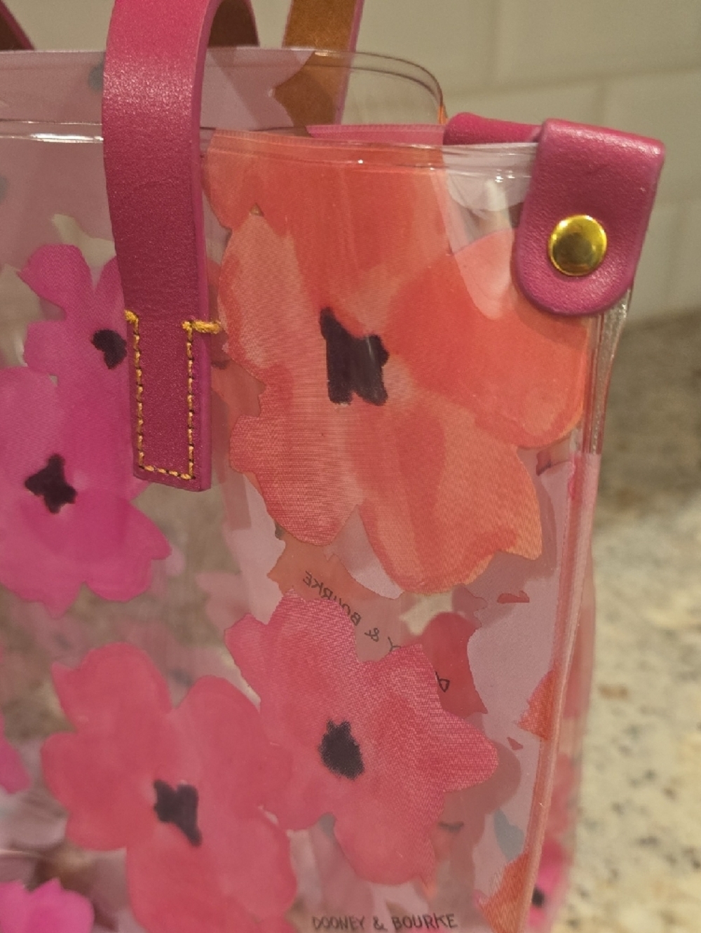 Beautiful Dooney And Bourke Pink Floral Clear Shopper with Leather Handles - Picture 14 of 16